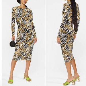 NWT Versace Jeans Couture Barocco logo-print mesh long sleeve midi dress US 2